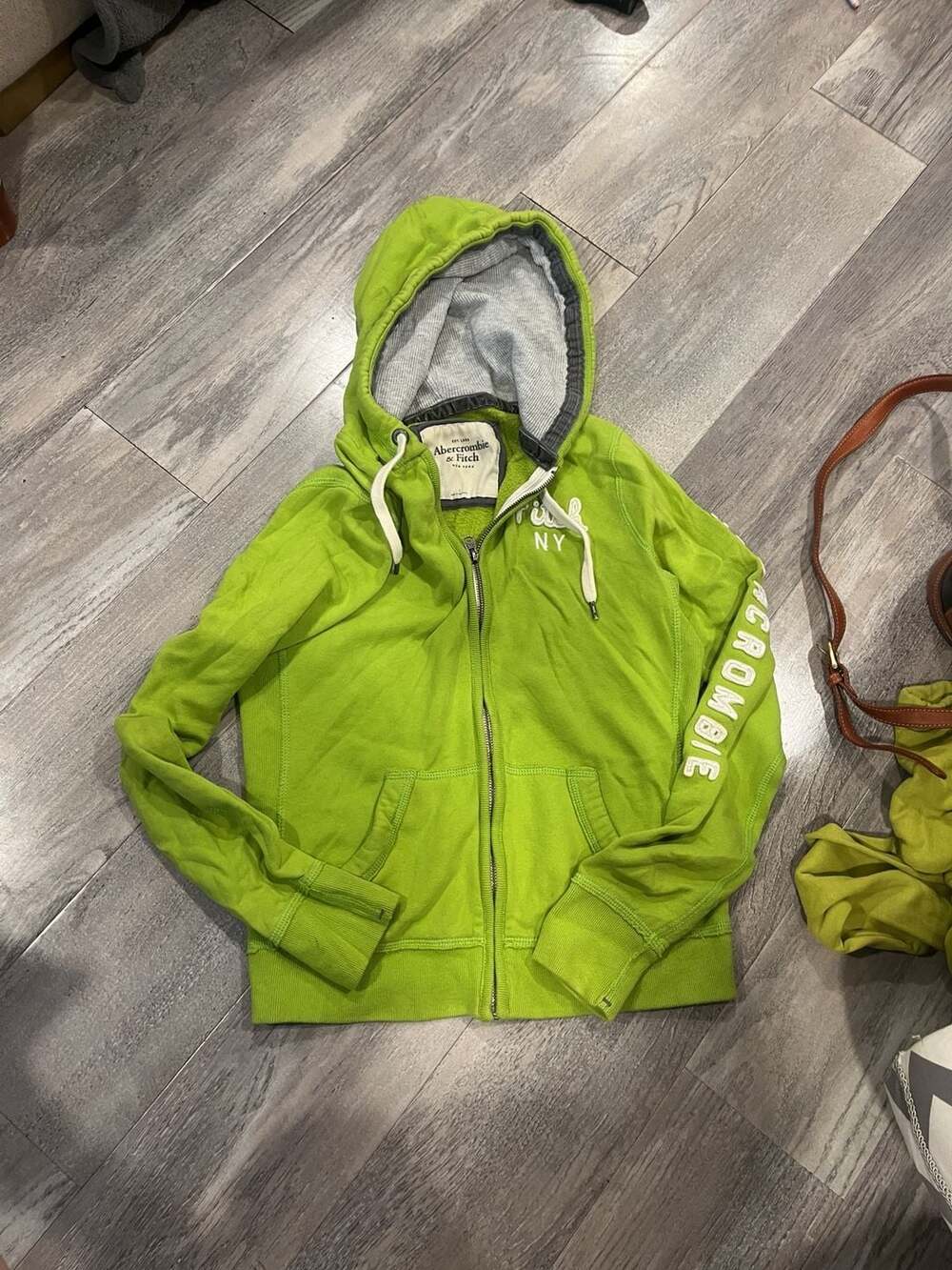 Abercrombie & Fitch Full Zip Hoodie Size L Lime Green NY Applique